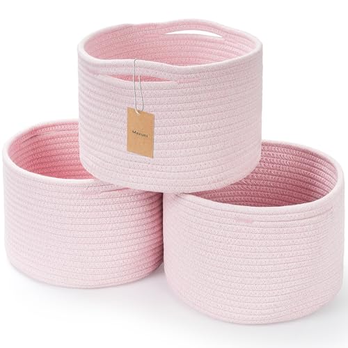 3 Pack Small Rope Storage Baskets, 9.82×9.82×7.1", Pink | Cotton Basket for Gifts Empty, Cute Round Woven Basket, Decorative Shelf Basket Organizer, Organizing Basket for Shelves - color: Pink-3PCS