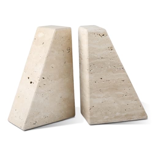 Karibiber Travertine Bookends for Heavy Books, Marble Decorative Bookends for Shelves, Heavy-Duty Stone Book Ends for Hardback Book & Cookbooks, Unique Book Stopper & Holder, Travertino Italy - color: Travertine