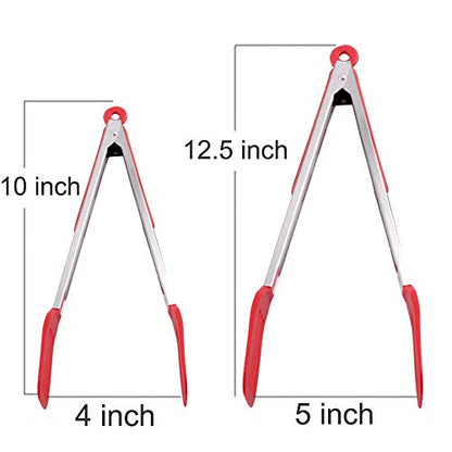 Cooking Tongs 9" and 12" Stainless Steel Kitchen Silicone Serving Tongs | Heat Resistant Meat Turner Spatula Tong Fish Tongs for Grilling Steak Salad Pasta Buffet Serving (Red) - color: Red, size: 9 & 12 inch