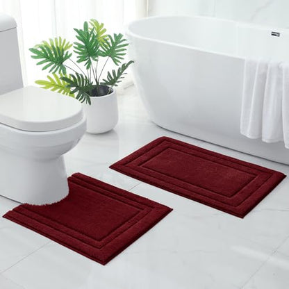 HOMEIDEAS Bathroom Rugs Sets 2 Piece, Super Soft and Absorbent Non Slip Microfiber U-Shaped Toilet Bath Mat Set (20"x32"+U20 x24, Burgundy Red) - color: Loop- Burgundy Red, size: 1'8" x 2'8" (20"x32"+U Shape 20"x24")
