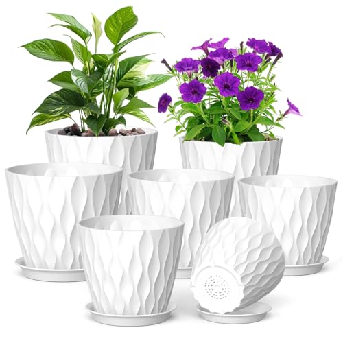 Meowell 7/6.5/6/5.5/5/4.5/4 inch Plant Pots for Indoor Outdoor Plants, 7 Pack Thick Flower Pots with Drainage Holes and Saucers, Modern Wave Texture Plastic Planter Pots for Nursery, Succulent, White - color: White, size: 7+6.5+6+5.5+5+4.5+4 in 7 set