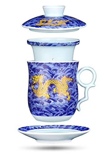 Chinese Tea Cup with Lid, Infuser and Saucer, Blue, 11.8 fl oz (350ml) | 3-in-1 Jingdezhen ceramic tea cup with removable infuser, lid and saucer, ideal for tea at home, the office or as a gift - color: Blue