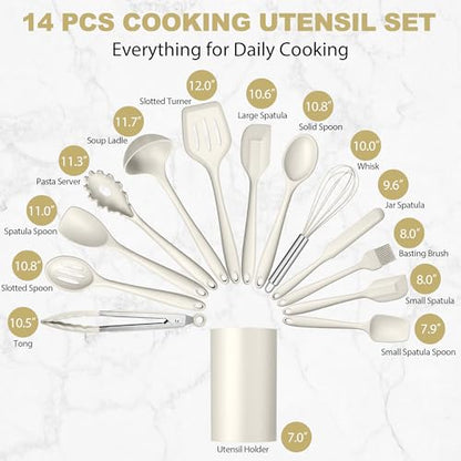 LIANYU 14 Pcs Silicone Cooking Utensils Set with Holder, Cream White | Kitchen Utensils Set for Non-Stick Cookware, 446°F Heat Resistant Cooking Tools with Comfort Grip Handle, Dishwasher safe - color: Cream White