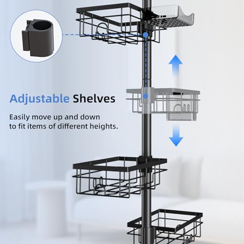 GearFusion Shower Caddy Organizer Tension Pole, Rustproof 4 Tier Corner Shower Rack with 25–114 Inch Adjustable Height for Bathroom Storage, Extra Towel Rack, Soap Dish and Toothbrush Holder, Black