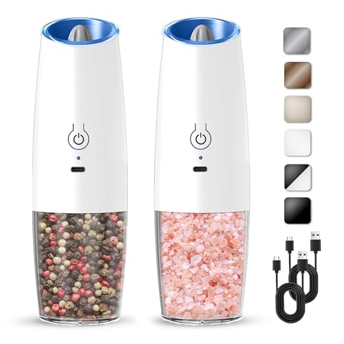Rechargeable Gravity Salt Pepper Grinder Set, 2 Pack (White) | Gravity Automatic Grinder With LED Light & Adjustable Roughness, Rechargeable Seasoning Tool For Kitchen Use - color: Rechargeable/Set/White