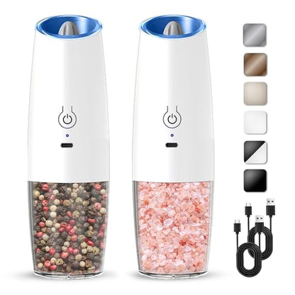 Rechargeable Gravity Salt Pepper Grinder Set, 2 Pack (White) | Gravity Automatic Grinder With LED Light & Adjustable Roughness, Rechargeable Seasoning Tool For Kitchen Use - color: Rechargeable/Set/White