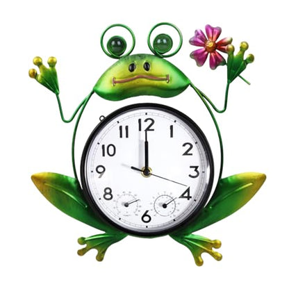 Outdoor Clock with Thermometer & Humidity | Silent Non-Ticking, Frog Outdoor Wall Clock, Outdoor Clocks for Patio, Garden, Home Decor - style: Frog with Flower