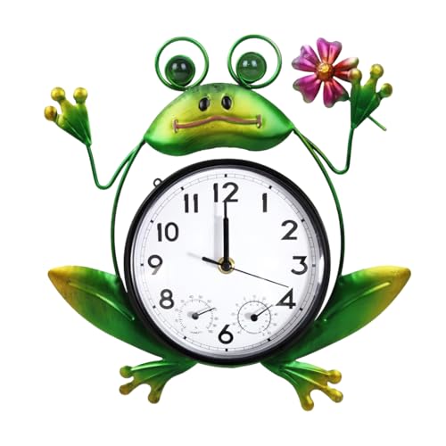 Outdoor Clock with Thermometer & Humidity | Silent Non-Ticking, Frog Outdoor Wall Clock, Outdoor Clocks for Patio, Garden, Home Decor - style: Frog with Flower