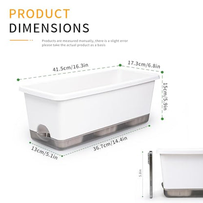 5-Pack Rectangular Self-Watering Planters with Drainage – Plastic Flower Pots for Indoor Outdoor Plants, Window Garden, Ideal for Herbs, Flowers & Vegetables, Easy-Fill Watering System, White