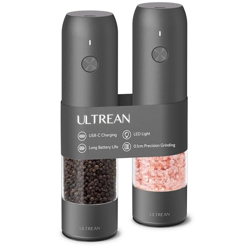 Ultrean Salt and Pepper Grinder Set, Rechargeable Salt and Pepper Shakers, 6 Adjustable Coarseness, LED Light, Kitchen Gadget & Housewarming Gift, Cooking Gifts for Men, Stainless Steel - color: Starry Gray