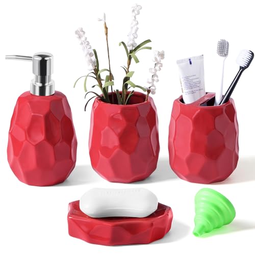 Ceramic Bathroom Accessories Set 4 PCS,Bathroom Toothbrush Holder Set,Soap and Toothbrush Holder Set,Include Toothbrush Holder,Soap Dispenser,Tumbler,Soap Dish,Bathroom Sets Decor Organizer (Red) - color: Red Ceramic 4 Pcs
