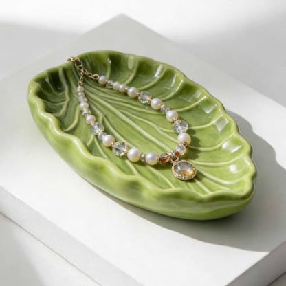 Nature Inspired Ceramic Jewelry Tray, 15 x 10 cm Green Catchall for Earrings Vanity Dresser Entryway Table Ac
