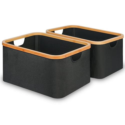 efluky Storage Baskets for Organizing, Fabric Storage Bins with Bamboo Handles, Collapsible Storage Baskets for Shelves and Closet (Black, 16.2'' x 13'' x 9.1'') - color: Black, size: 16.2'' x 13'' x 9.1''