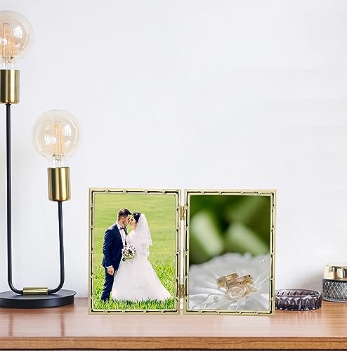 YiPinYin 4x6'' Bamboo Detail Double Photo Frames, Gold Metal Picture 6x4'' Double, Elegant Gold Thin Edge Photo Frames 4 x 6'' With Soft Touch Velvet Backing and Real Glass for Desktop - color: Gold, size: 4x6Inch Double