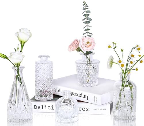 UPBUD Clear Glass Bud Vases Set of 5, Mini Flower Vase for Centerpieces | Small Vases in Bulk for Wedding Decorations, Vintage Vase for Baby Shower, Party, Recepetion, Home Table Décor - color: Standard-clear, size: 5pcs
