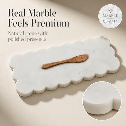 Mud Pie Scallop Marble Board Set, White, 12" x 5" | Scalloped Cutting Board for Charcuterie