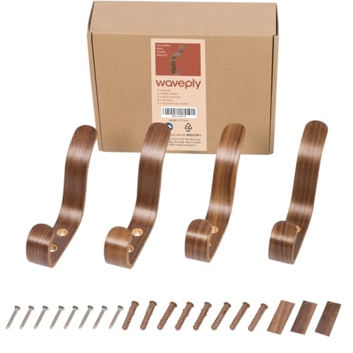 Plywood Wall Hooks Set of 4 Wood Coat Hooks Hanging Clothes Hats Robes Towels Wooden (Walnut) - color: Walnut