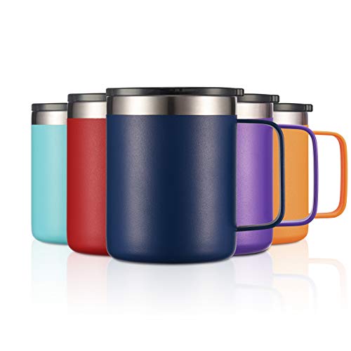 12 oz Insulated Travel Coffee Mug with Handle, Navy | Stainless Steel Coffee Tumbler with Lid, Double Wall Vacuum Thermal Cup for Camping - color: Sliding Lid: Navy, size: 1 Count (Pack of 1)