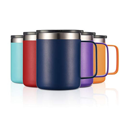 12 oz Insulated Travel Coffee Mug with Handle, Navy | Stainless Steel Coffee Tumbler with Lid, Double Wall Vacuum Thermal Cup for Camping - color: Sliding Lid: Navy, size: 1 Count (Pack of 1)