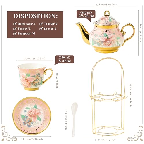 20 Pieces Porcelain Tea Set With Metal Holder, European Ceramic tea set for adults,Flower Tea Set,Tea Set For Women With Flower Painting (Large version, Pink) - color: Pink