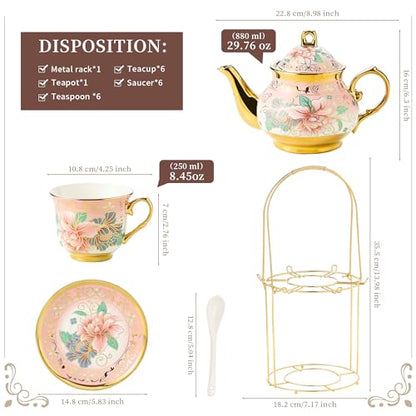 20 Pieces Porcelain Tea Set With Metal Holder, European Ceramic tea set for adults,Flower Tea Set,Tea Set For Women With Flower Painting (Large version, Pink) - color: Pink