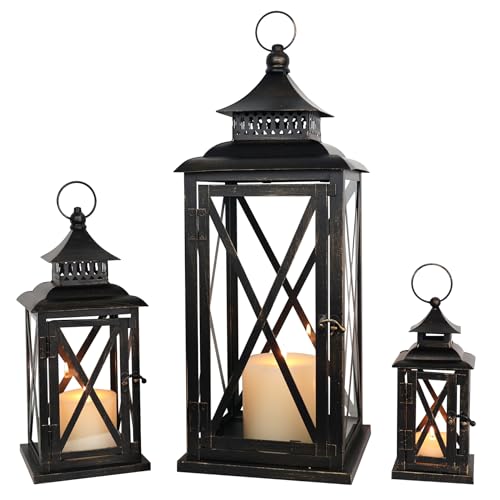 3PCS (20’’&13’’&9’’) Lanterns Decorative Indoor & Outdoor, Vintage Metal Frame Candle Holders for Front Porch, Patio, Pathway, Balcony, Garden, Yard Decor, Halloween Christmas Decorations - color: Black / 20’’&13’’&9’’ / 3 Pcs