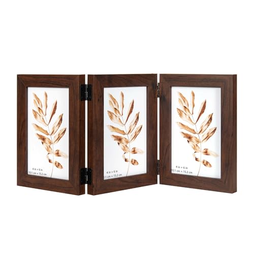 Brown Double Photo Picture Frame 6 x 4, Holds 3 Standard Photographs, Freestanding, Twin Hinged 6x4 10 x 15 cm Picture Frames，Glass Front Stand Vertical on Desktop - color: Brown, size: 3x46