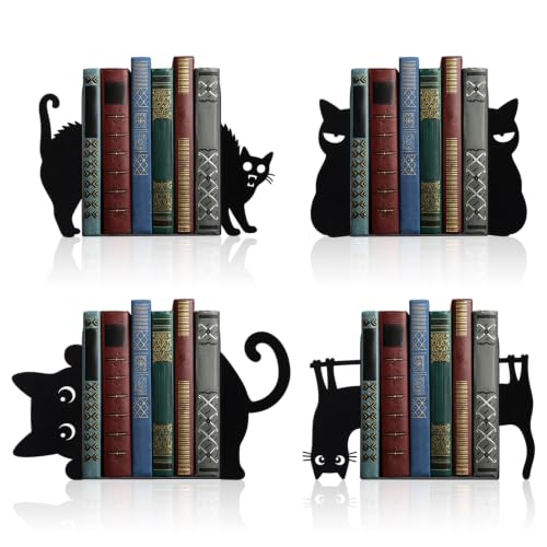 8 Pcs Black Cat Metal Bookends Set of 4 Cute Book Ends for Shelves Decorative Bookshelf Home Office Desk Bookshelf Decor Gift for Cat Lovers and Reading Enthusiasts - style: Various Cats