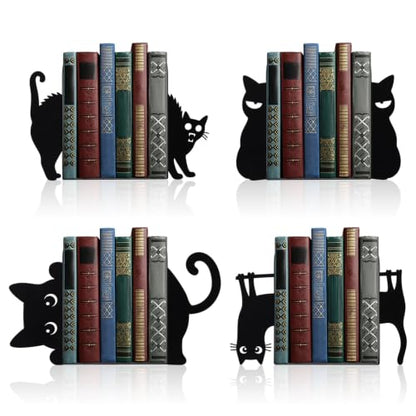 8 Pcs Black Cat Metal Bookends Set of 4 Cute Book Ends for Shelves Decorative Bookshelf Home Office Desk Bookshelf Decor Gift for Cat Lovers and Reading Enthusiasts - style: Various Cats