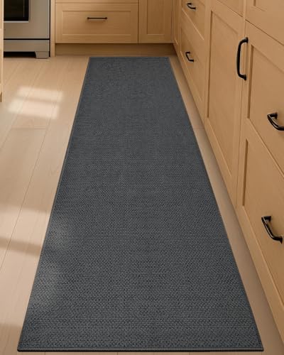 Color&Geometry Thin Kitchen Rug 17x79 Non Slip Rubber Backing,Grey | 0.15in Low Pile Kitchen Mat Fit Under Door, Dirt Resistant, Absorbent, Washble Woven Mat For Small Kitchen/Apartment - color: Dark Tone-grey, size: 17"X78"