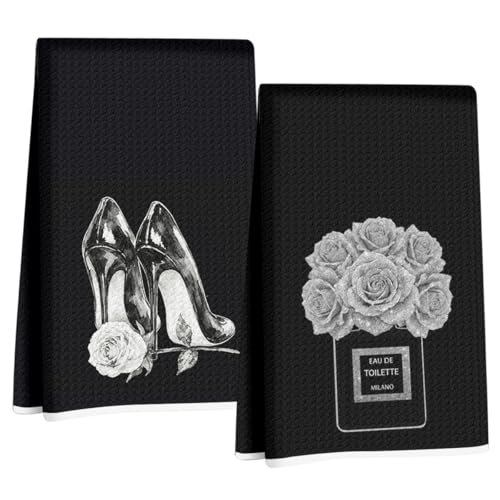 2 Pcs Black and White Hand Towels 24x14 Inch, Preppy Girly Bathroom Decor | Trendy Perfume High Heel Shoes Decorative Hand Towels for Vanity Power Room Washroom Restroom - color: Multi 1722