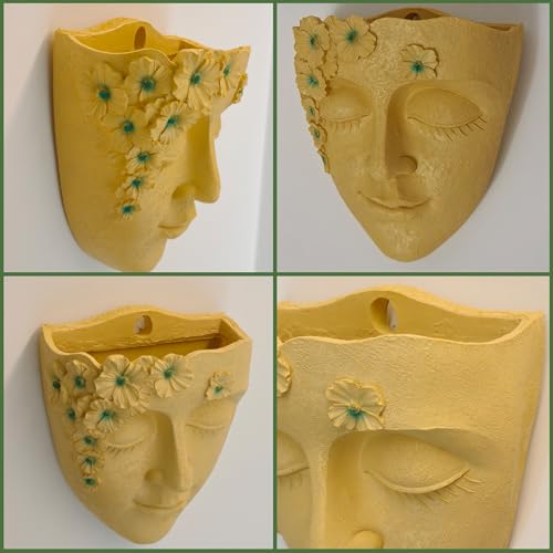 Face Shape Wall Planter Elegant Yellow Resin Wall-Mounted Head Pot with Drainage Hole Unique Small Vase Holder for Flower,Succulents, Hanging Plants for Plant Lovers - color: Yellow