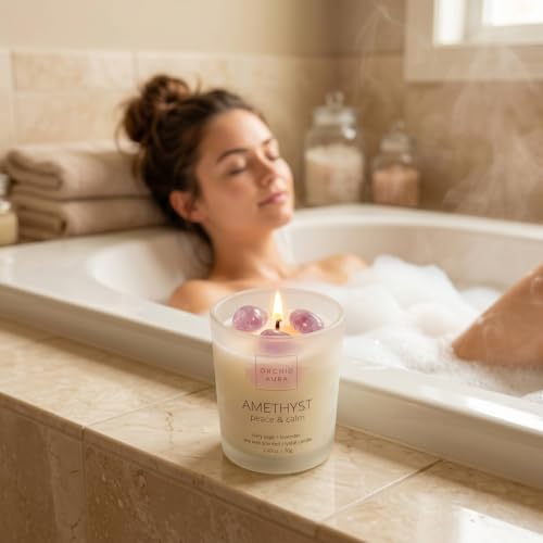 Soy Candles with Healing Crystals. Citrine, Rose Quartz, Amethyst Crystal. | Eucalyptus + Lemongrass, Jasmine + Sandalwood, Clary Sage + Lavender. 3PC Scented Crystal Candle Set, 2.47oz Each
