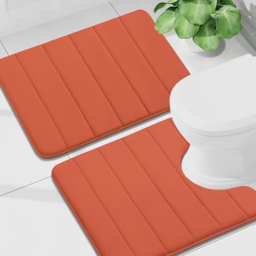 Buganda Memory Foam U-Shaped Toilet Rug Bath Mat Sets 2 Piece, 24x16+24x20 | Coral, Bathroom Mat and Contoured Toilet Rug, Machine Wash Dry, Soft Absorbent Bath Rug for Bathroom, Shower and Tub - color: Coral, size: 24" X 16"+24" X 20"