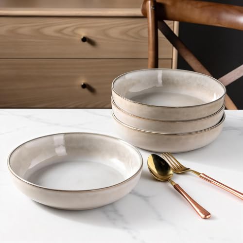 GBhome 8.75'' Large Ceramic Pasta Bowls, 38oz Stoneware Pasta Serving Bowls Set of 4 for Kitchen, Wide Bowls for Fruit,Pasta,Salad,Oatmeal,Meal, Microwave Safe, Reactive Glaze-Cappuccino - color: Cappuccino