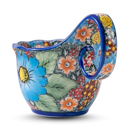 High-Fired Stoneware Loop-Handle Mug - 18oz Food-Safe Ceramic Soup Bowl, Hand-Painted Floral Design, Microwave & Dishwasher Safe Coffee Mug for Breakfast, Oatmeal & Soup - color: Blue Daisy Garden