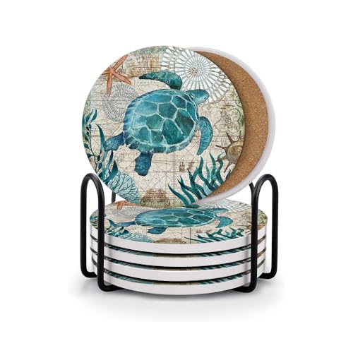 Absorbent Set of 6 Drink Coasters with Metal Holder, Blue Vintage Sea Turtle Design Ceramic Coaster for Drinks with Cork Base, Cup Coffee Mug Place Mat for Housewarming, Home Decor - color: Sea Turtle