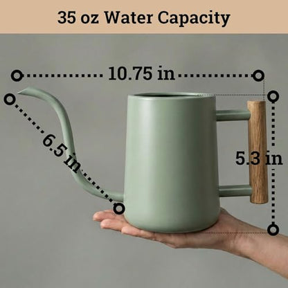 Metal Small Indoor Watering Can with Long Spout & Real Wood Handle, 35oz | Long Spout, Stainless Steel, Real Wood Handle, Gentle Flow, No Spills, Suitable for House Plants, Succulents & Seedlings - color: Sage Green