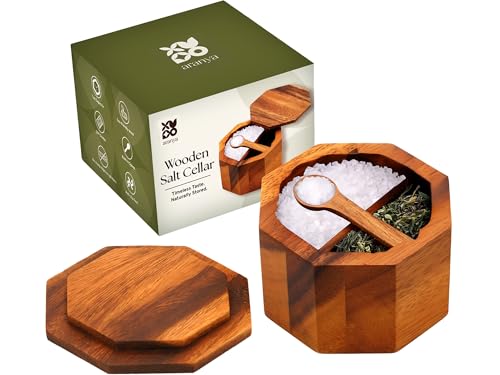 ARANYA Wooden Pepper and Salt Cellar with Lid and Spoon Set Keeper Two Compartments Spice Seasoning Wood 7oz. Container for Countertop Kitchen Storage Sea Salt Box Holder with Anti-Slip Feet Slip