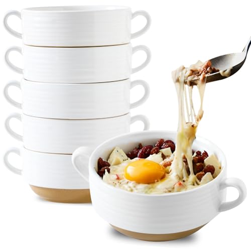 HASENSE French Onion Soup Bowls, 20 Oz Ceramic Soup Bowls with Handles Set of 6, Stackable Serving Dishes for Chili, Stew, Pot Pies & More, Microwave Dishwasher Safe, White Farmhouse Kitchenware - color: White, size: Set of 6