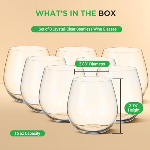 NutriChef 8-Piece Stemless Wine Glasses Set, 15 oz Ultra Clear Hand-Blown Glass Wine Glasses, Elegant Glass Set for Red & White Wine, Durable Design, Set of 8, Dishwasher Safe