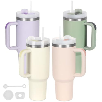 4 Pack 40 Oz Tumbler with Handle Bulk, Double Wall Vacuum Insulated Stainless Steel Tumbler with Lid and Straw, 40 oz cup with Silicone Spill Proof Stopper Set (Cream,Purple,Dark Green,Rose Quartz) - color: Cream,Purple,Dark Green,Rose Quartz