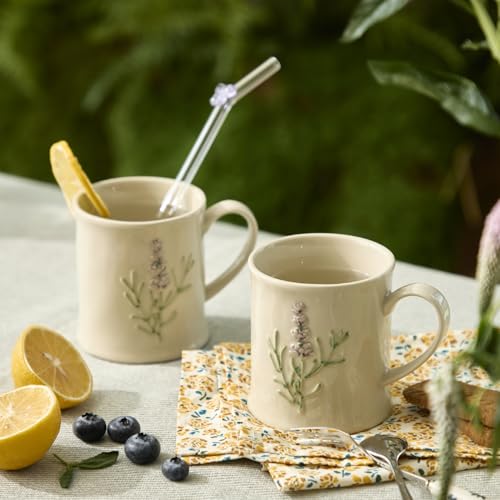 Artisanal Handcrafted Ceramic Mug with Sage Botanical Design - 10oz Off-White Stoneware Coffee Cup, Elegant Purple Sage Pattern, Dishwasher Safe, Comfort Grip Handle for Daily Use-2pack - color: Sage-2 Pack