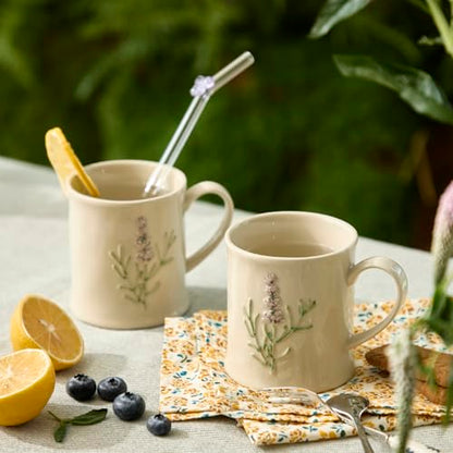 Artisanal Handcrafted Ceramic Mug with Sage Botanical Design - 10oz Off-White Stoneware Coffee Cup, Elegant Purple Sage Pattern, Dishwasher Safe, Comfort Grip Handle for Daily Use-2pack - color: Sage-2 Pack