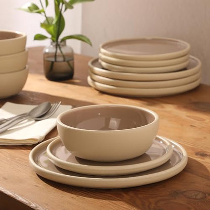 Gibson Elite - Made in Portugal - Port Gaia 12 Piece (Service for 4) Plates and Bowls Reactive Glaze Dishes Stoneware Ceramic Dinnerware Set - Taupe - color: Taupe (12pc Dinnerware Set)