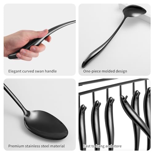 304 Stainlss Steel Matte Kitchen Utensils Set, 11 Pcs Long Metal Cooking Utensil Gadgets Tools Set with Spatula, Ladle, Spoon, Skimmer, Turner, Pasta Server, Tongs(Black, Dishwasher Safe) - size: 11Pcs-Black