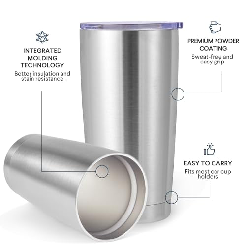 Volhoply 20oz Stainless Steel Tumbler with Lid and Straw Bulk 4 Pack,Double Wall Insulated Travel Iced Coffee Mug Fits Cup Holder,Powder Coated Cups for Hot/Cold Drinks,Christmas Gifts（Silver,4 Set） - color: Silver