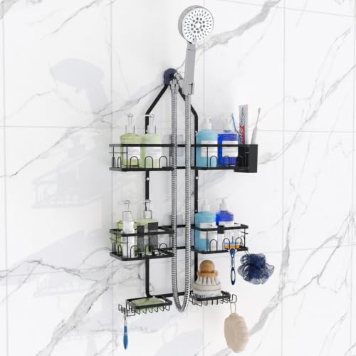 Adjustable Shower Caddy Hanging Rustproof Shower Caddy Shower Organizer for Over Handheld or Fixed Shower Heads with Hooks Soap Holder Toothbrush Holder
