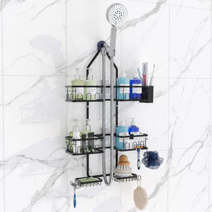 Adjustable Shower Caddy Hanging Rustproof Shower Caddy Shower Organizer for Over Handheld or Fixed Shower Heads with Hooks Soap Holder Toothbrush Holder