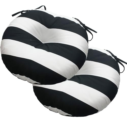 Magpie Fabrics Outdoor Round Bistro Seat Cushions with Ties, 15"x15"x4" Set of 2, Tufted Waterproof Barstool Chair Pads for Patio Home Garden Office, Black White - color: Black White